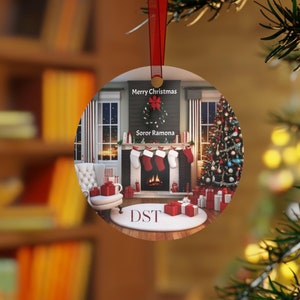 Adornos navideños de metal de la hermandad Delta: decoración navideña personalizada de DST, redonda, con forma de campana, con forma de árbol, ovalada, con recuerdos griegos, regalos navideños