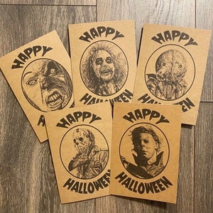 Lot de 5 cartes de voeux Happy Halloween/Cartes imprimées d'art originales/Cartes de voeux Halloween/Cartes monstres/Cadeau pour amateur d'horreur/Fan