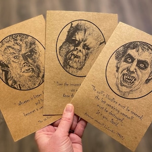 Conjunto de tarjetas de felicitación de hombres lobo/Tarjetas de impresión de arte originales/Hombre lobo americano en Londres/Maldición del hombre lobo/El hombre lobo/Regalo de terror/Fanático del hombre lobo