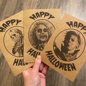 Jeu de 3 cartes de voeux Happy Halloween/Choisissez vos cartes/Cartes d'impression d'art originales/Vœux d'Halloween/Cartes monstres/Cadeau pour amoureux de l'horreur