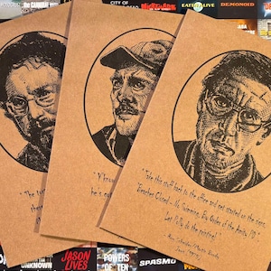Juego de 3 tarjetas de felicitación de Tiburón/Tarjetas con impresiones artísticas originales/Tarjetas de Tiburón/Roy Scheider/Richard Dreyfuss/Robert Shaw/Aficionado al cine de terror/Regalo único de película