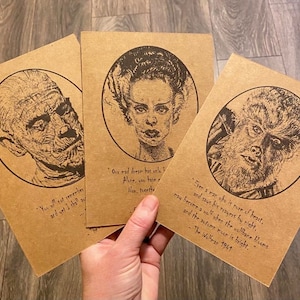 Conjunto de tarjetas de felicitación de monstruos universales/Tarjetas de impresión de arte originales/La novia de Frankenstein/El hombre lobo/La momia/Regalo amante del terror/Horror universal