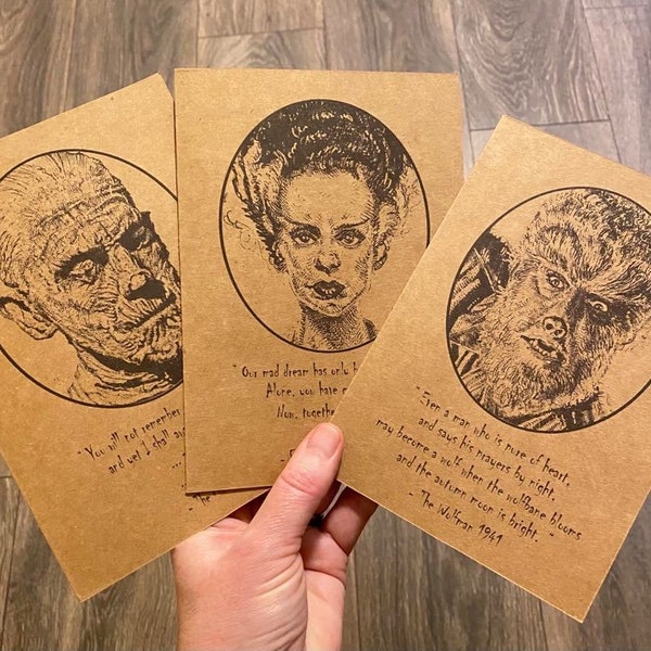 Universal Monsters Greeting Card Set/Original Art Print Cards/Bride Of Frankenstein/The Wolfman/The Mummy/Horror Lover Gift/Universal Horror