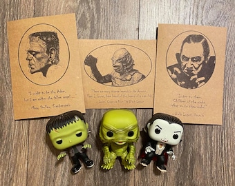 Universal Monsters Greeting Card Set of 3/Original Art Print Cards/Dracula/Frankenstein/Gill Man/Horror Lover Gift/Universal Movies Gift