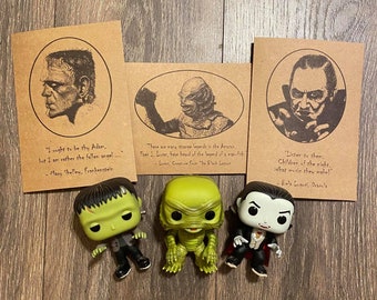 Universal Monsters Greeting Card Set of 3/Original Art Print Cards/Dracula/Frankenstein/Gill Man/Horror Lover Gift/Universal Movies Gift