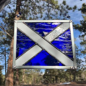 Scottish Flag Stained Glass Handmade Suncatcher Scotland Highland Gift Decor St. Andrew Cross Present Gemstones on the hanging wire