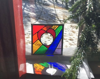 Heart Rainbow Stained Glass Window Hanging with clear center bevel. It's all about the love. Beautiful addition to any room. Perfect gift.