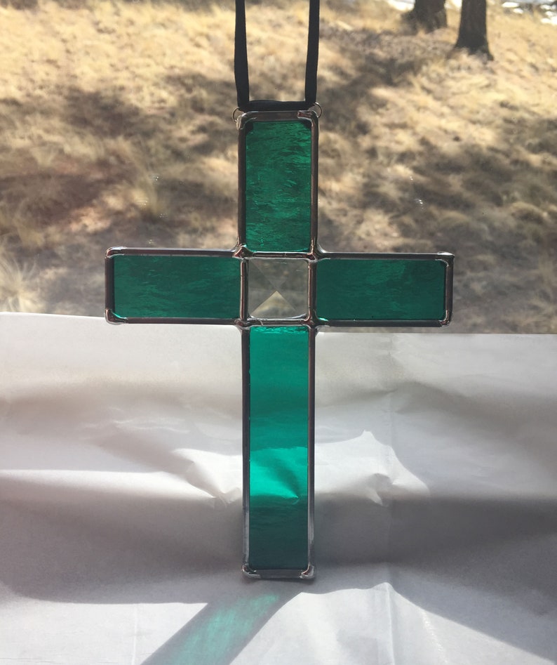 Cross Suncatcher Aqua Stained Glass Christian Gift Christmas Church