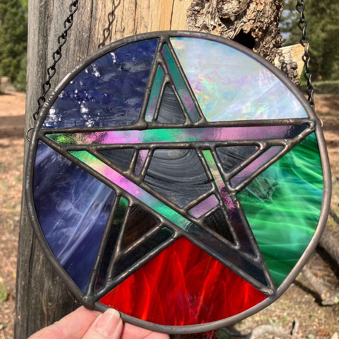 Pentacle Star Pentagram in Vibrant Stained Glass Elements Fire Earth ...