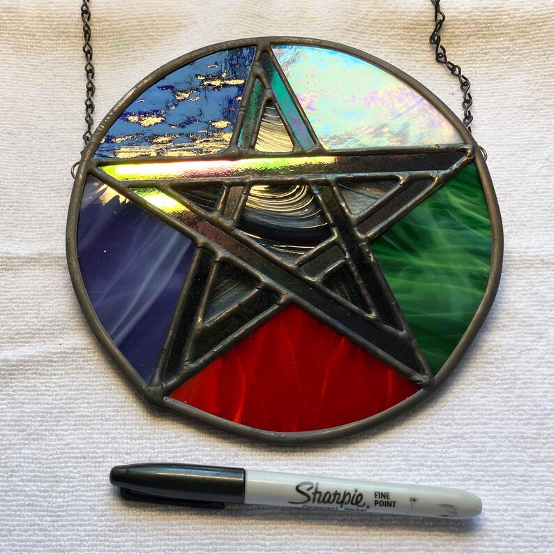 Pentacle Star Pentagram in Vibrant Stained Glass Elements Fire Earth ...