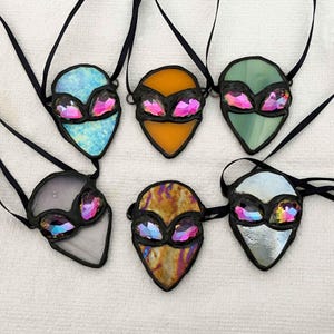 Alien Ornament in Stained Glass Handmade Mirror Charm Window Hanging. Ray goes anywhere -- Christmas tree, car mirror, window, back pack