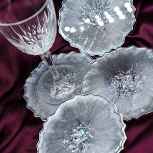 Silver Snowflake Round Resin Coasters in a Set of 4