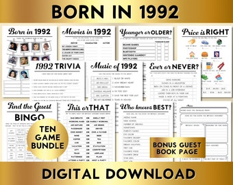 32nd Birthday Party Games, Born in 1992, Editable Printable Game Bundle, Instant Download, Price Is Right, Music, Trivia, Guest Book BP001