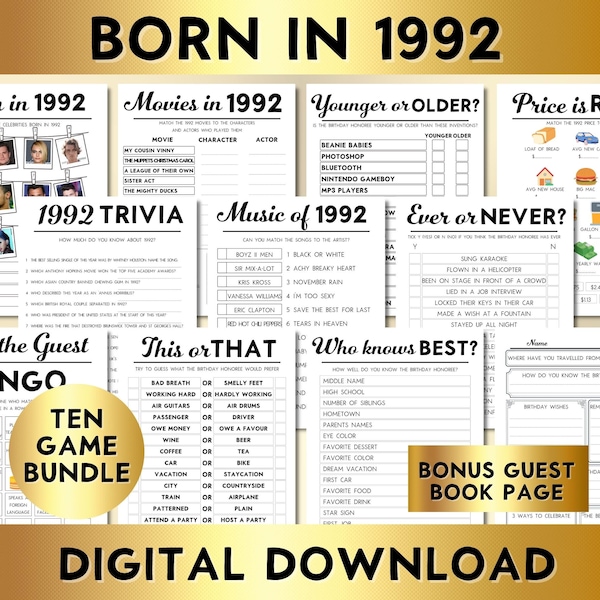 32nd Birthday Party Games, Born in 1992, Editable Printable Game Bundle, Instant Download, Price Is Right, Music, Trivia, Guest Book BP001