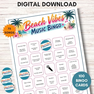 May include: A Beach Vibes Music Bingo game sheet featuring a tropical design with palm trees, a seashell, and a starfish. The header reads Beach Vibes Music Bingo, and the grid contains 75 songs with artist names. Includes 100 bingo cards.