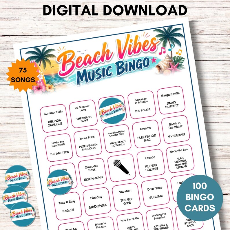 May include: A Beach Vibes Music Bingo game sheet featuring a tropical design with palm trees, a seashell, and a starfish. The header reads Beach Vibes Music Bingo, and the grid contains 75 songs with artist names. Includes 100 bingo cards.