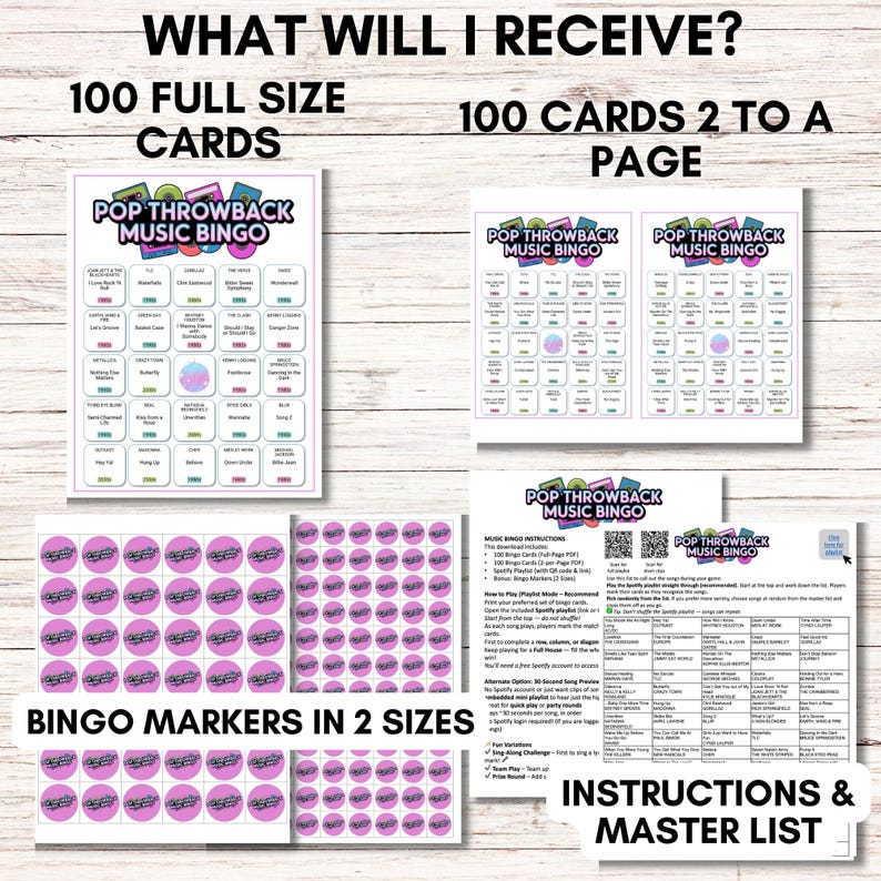 Pop Throwback Music Bingo, Printable 80s 90s 2000s Music Game, 75 Song Playlist
