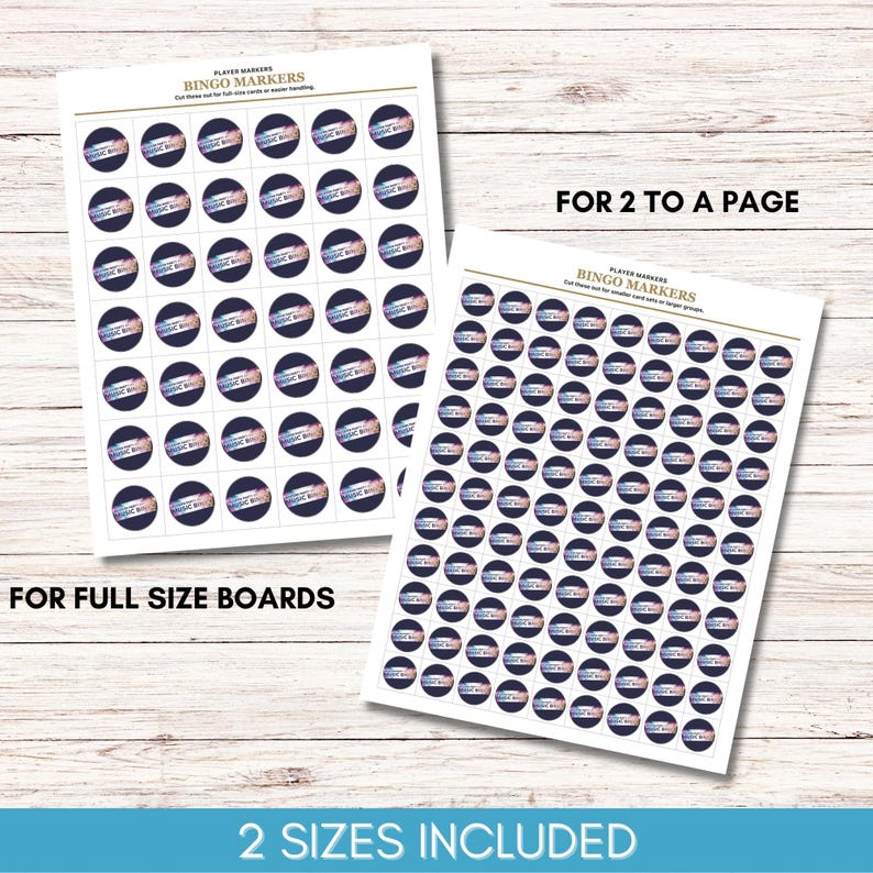 May include: Two sheets of bingo markers with a navy blue and iridescent design. The text "MAGIC BINGO" is printed on each marker. The sheets are labeled "FOR FULL SIZE BOARDS" and "FOR 2 TO A PAGE". The bottom of the image reads "2 SIZES INCLUDED".