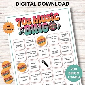 70s Music Bingo Game – 200 Printable Cards – Fun Party Activity with Spotify Playlist – Instant Download for Retro Themed Events