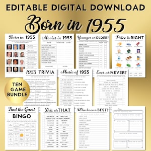 70th Birthday Party Spiele, 1955 geboren, druckbares Set mit 10 Spielen, Sofort Download, bearbeitbar, Personalisieren, Musik, Trivia, Gästebuch BP001