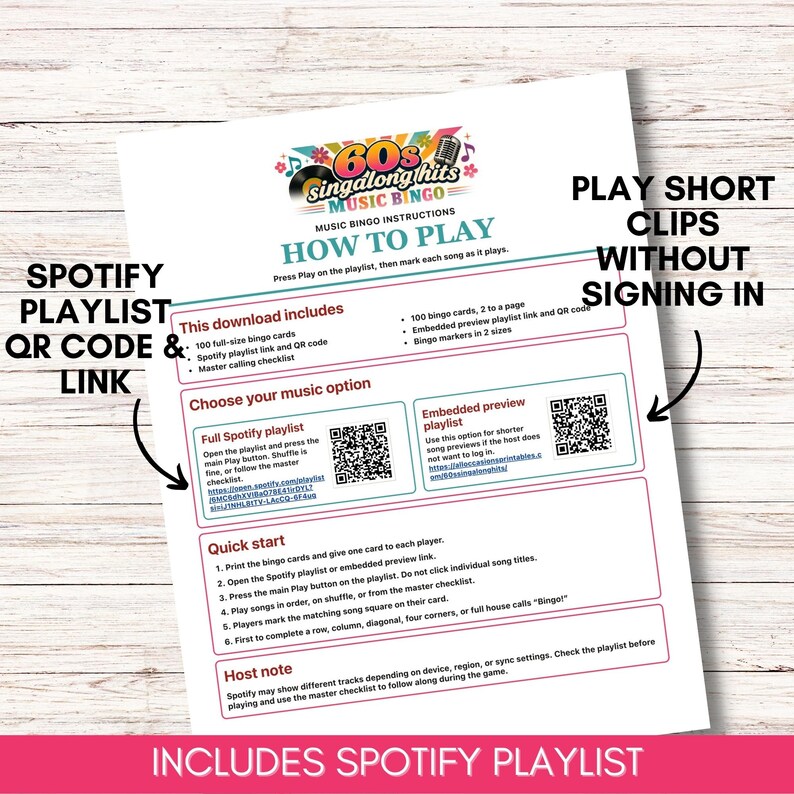 May include: A white instructional sheet for 60s Singalong Hits Music Bingo. The document includes sections for how to play, a Spotify playlist QR code and link, an embedded preview playlist QR code, a quick start guide, and a host note.