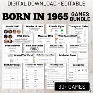 60th Birthday Party Games Bundle, Born in 1965 Trivia, Fun Printable Games for Adults, Instant Download