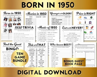 74th Birthday Party Games, Born in 1950, Printable 10 Game Bundle, Instant Download, Bingo, Price Is Right, Music, Trivia, Guest Book BP001