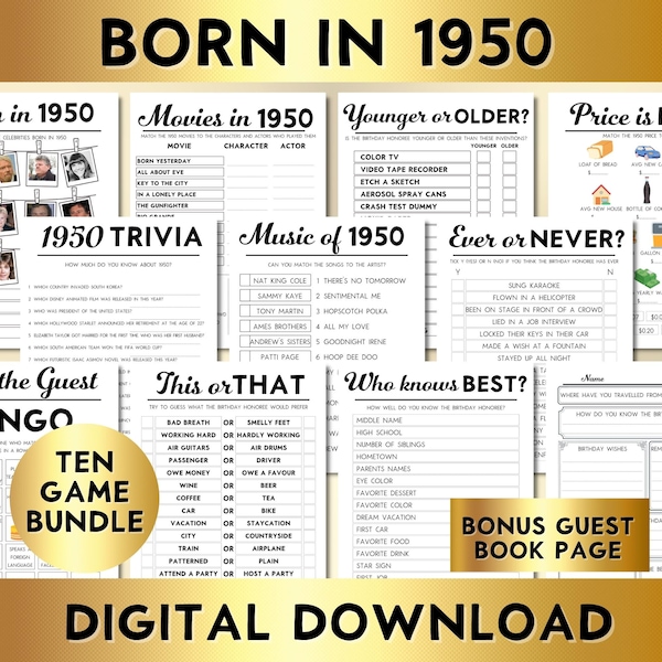 74th Birthday Party Games, Born in 1950, Printable 10 Game Bundle, Instant Download, Bingo, Price Is Right, Music, Trivia, Guest Book BP001