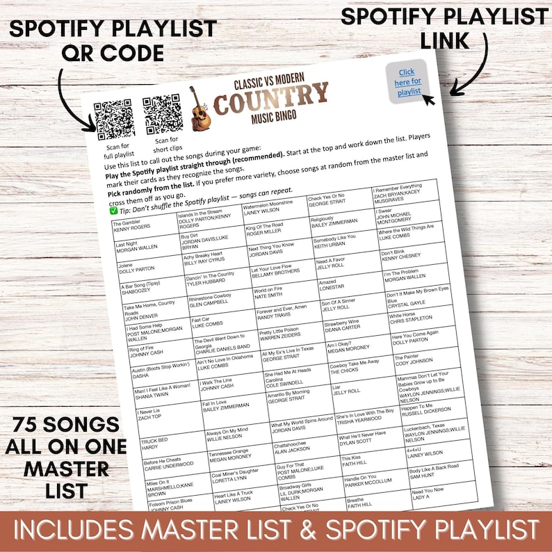 Modern vs Classic Country Music Bingo – 100 Cards Printable Party Game