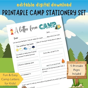 Carta de acampamento para imprimir para crianças, conjunto de papelaria para acampamento de verão, modelo de carta para preencher lacunas, cartão-postal editável para acampamento