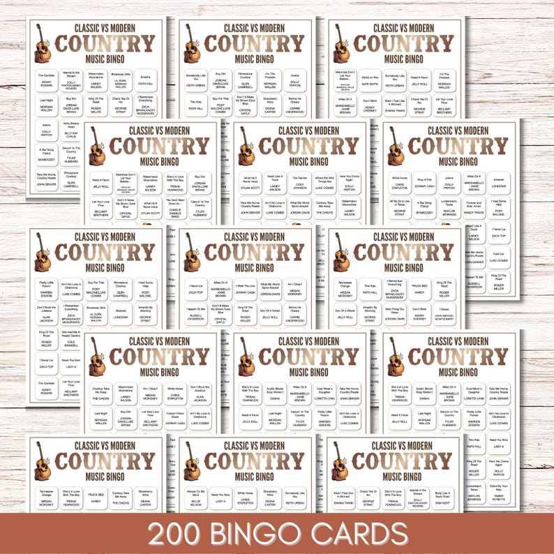 Modern vs Classic Country Music Bingo – 200 Cards Printable Party Game (Large Group)