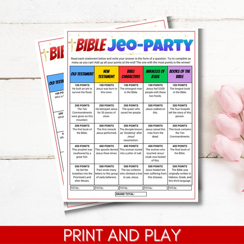 Peut inclure: Un plateau de jeu imprimable color&eacute; de Bible Jeapordy avec des cat&eacute;gories pour l'Ancien Testament, le Nouveau Testament, les personnages bibliques, les miracles de J&eacute;sus et les livres de la Bible. Chaque cat&eacute;gorie comporte cinq questions avec des valeurs de points allant de 100 &agrave; 500 points.