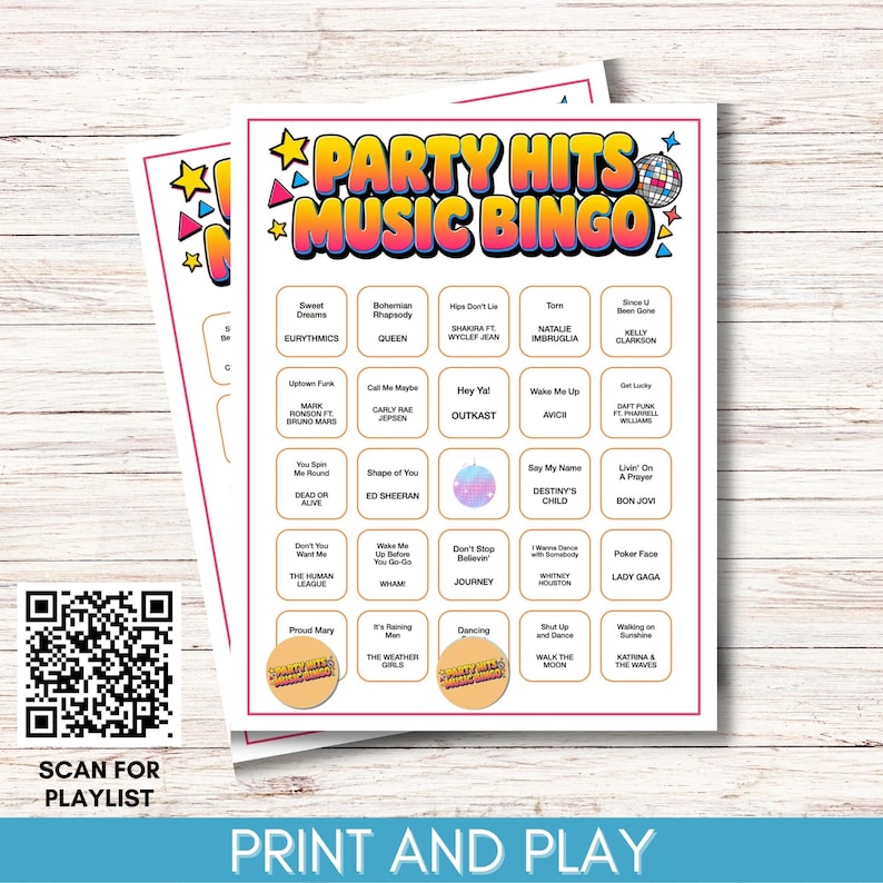 May include: Two sheets of "Party Hits Music Bingo" game cards. The cards feature a colorful design with song titles and artist names. A QR code for a playlist and the text "Print and Play" are also visible.
