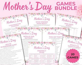 Mors dag-lekpaket – 20 roliga utskrivbara aktiviteter för mamma – Trivia, brunchspel, fest och familjetid – Direkt nedladdning