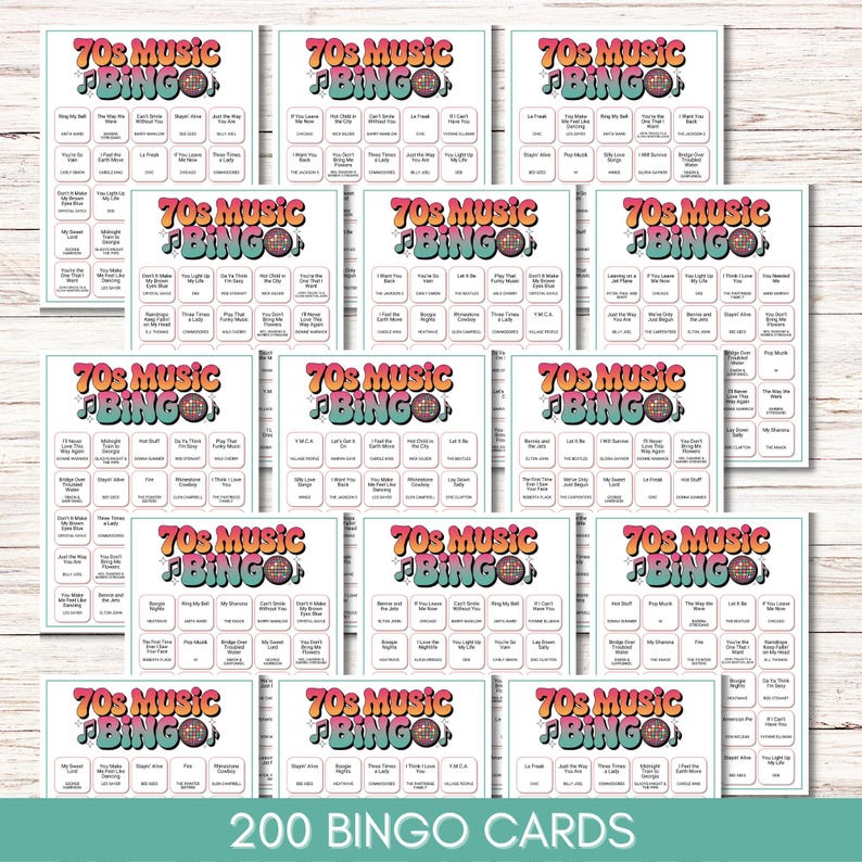 70s Music Bingo Game – 200 Printable Cards – Fun Party Activity with Spotify Playlist – Instant Download for Retro Themed Events