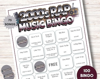 2000s Rap Music Bingo, 75 Songs 100 Cards, Printable Hip Hop RnB Party Game