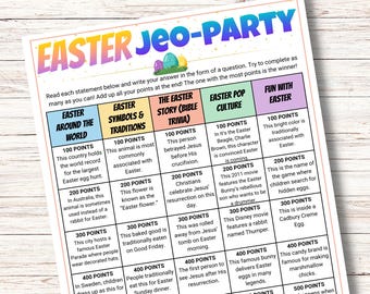 Juego Jeopardy de Pascua, trivia de Pascua imprimible para la iglesia, la escuela y la familia, juego de fiesta de Pascua para niños, adolescentes, adultos, divertido juego bíblico de Pascua