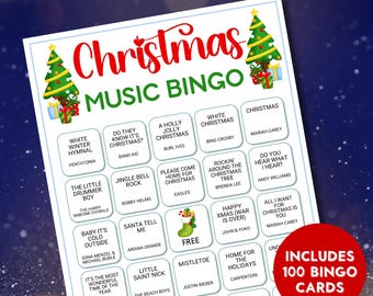 Christmas Music Bingo, Holiday Songs, 100 Cards + Playlist, Fun Game for Family,Friends, and Parties