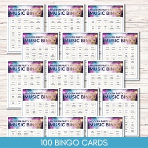May include: A collection of "Modern Party Anthems Music Bingo" cards. Each card features a colorful design with the game's title and a grid of song titles. The image also includes the text "100 Bingo Cards".