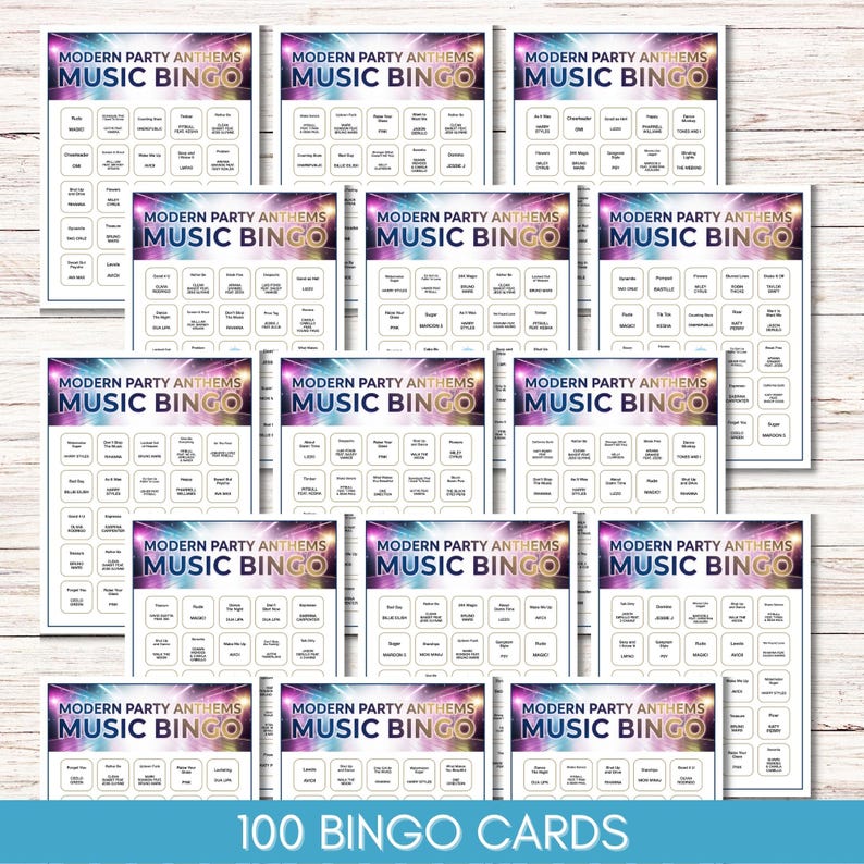May include: A collection of "Modern Party Anthems Music Bingo" cards. Each card features a colorful design with the game's title and a grid of song titles. The image also includes the text "100 Bingo Cards".