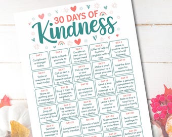 30 Days of Kindness-kalender, aftellen Thanksgiving, Acts of Kindness-tracker, Family Kindness-ideeën, afdrukbare checklist voor vriendelijkheid