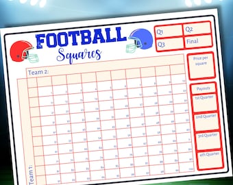 Football Squares Fundraiser, Editable Printable Game, 25, 50, 100 Square Board, Instant Download
