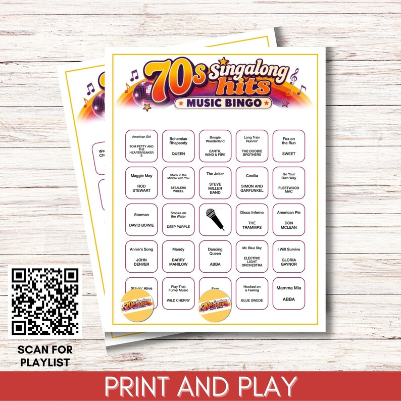 May include: A 70s singalong hits music bingo game card featuring a colorful retro header with a disco ball and rainbow graphic. The grid contains song titles and artist names in black text, a microphone icon, and two circular game markers.