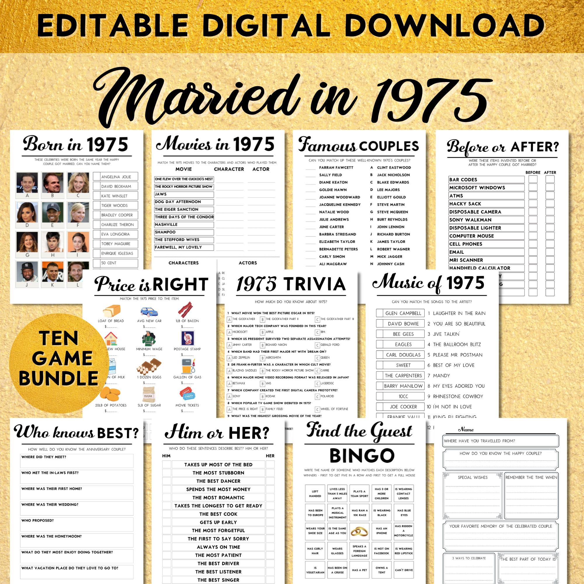 50th Anniversary Party Games, Married in 1975, Golden Wedding, Fun Editable Printable Games for Adults, Instant Download