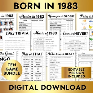 41st Birthday Party Games, Born in 1983, Printable 10 Game Bundle, Instant Download, Editable, Personalize, Music, Trivia, Guest Book BP001