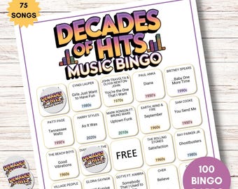 Bingo Musical Décadas de Sucessos, 75 músicas dos anos 1950 aos 2020, 100 cartelas para imprimir, download instantâneo