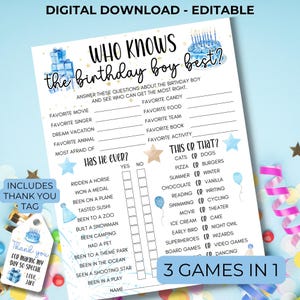 ¿Quién conoce mejor al cumpleañero?, Juego de cumpleaños azul editable e imprimible, Juegos de fiesta de cumpleaños para adolescentes y preadolescentes, ¿Qué preferiría?, Cuestionario