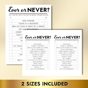 K&ouml;nnte beinhalten: Eine wei&szlig;e Spielkarte aus Papier mit dem Titel Ever or NEVER? und einer Liste von Aktivit&auml;ten zum Ankreuzen mit Y oder N. Der Text enth&auml;lt Fragen wie SUNG KARAOKE, FLOWN IN A HELICOPTER und GONE SKINNY DIPPING. Unten steht 2 SIZES INCLUDED.