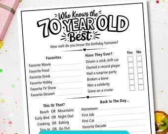 Może przedstawiać: Czarno-biały arkusz do druku z grą z napisem "Who Knows the 70 Year Old Best". Zawiera sekcje na ulubione, pytania "Have They Ever?" i opcje "This or That?". Do pobrania cyfrowo.
