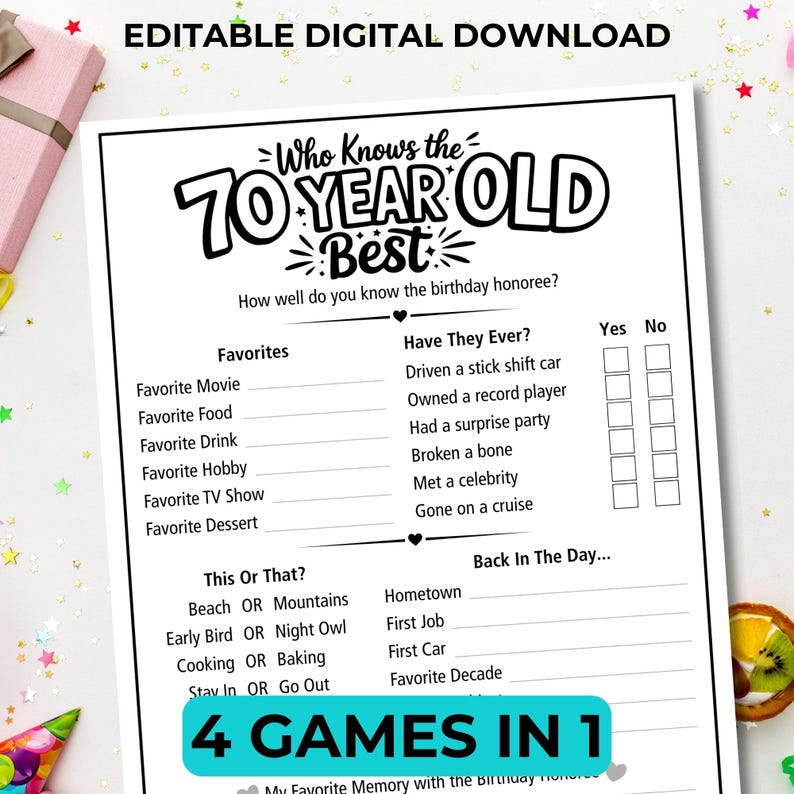 70th Birthday Party Game Printable Editable Who Knows The 70 Year Old 
